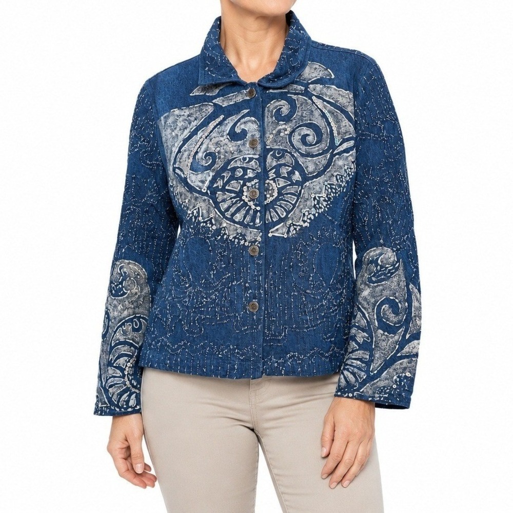 Sandy Starkman Jacket Women L Blue Art Wear Embroidered Beaded Sequin Denim Boho